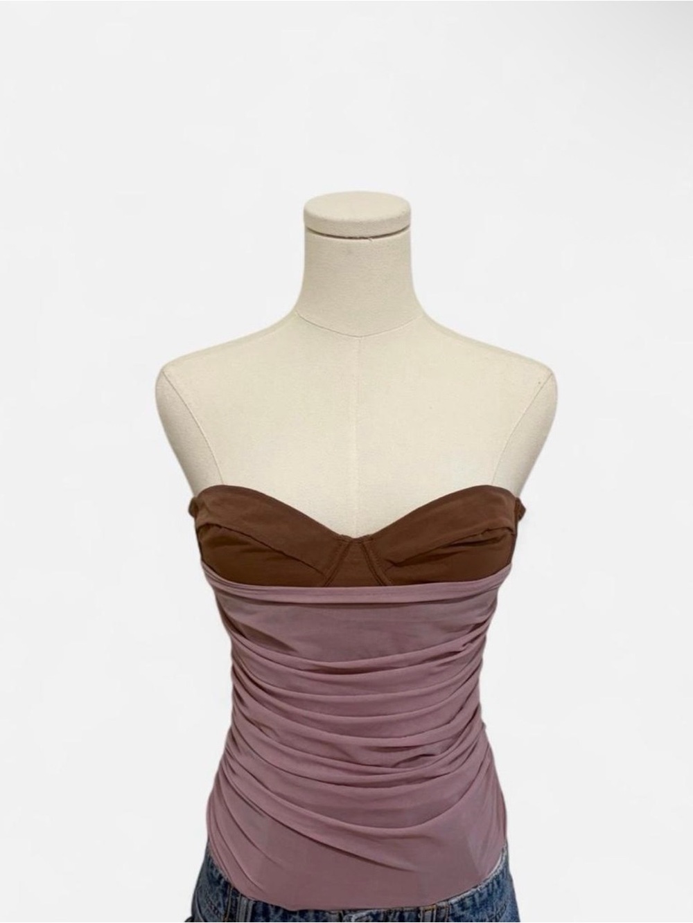 Zara Strapless Two-Tone Ruched Bustier Top in Brown and Mauve